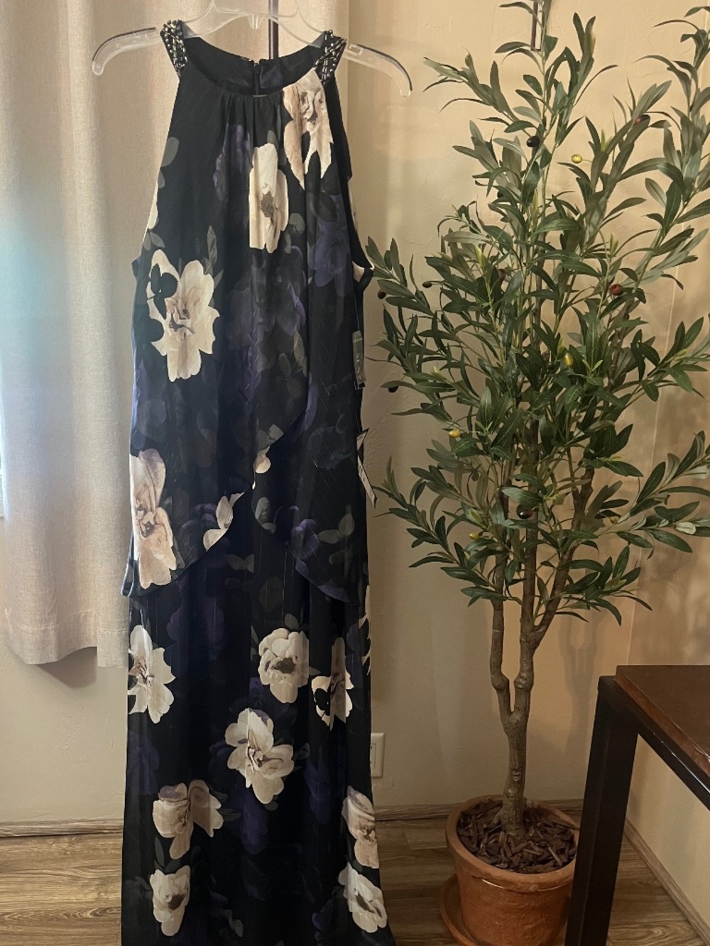 SLNY Elegant Floor Length Dress with beaded neck accent.